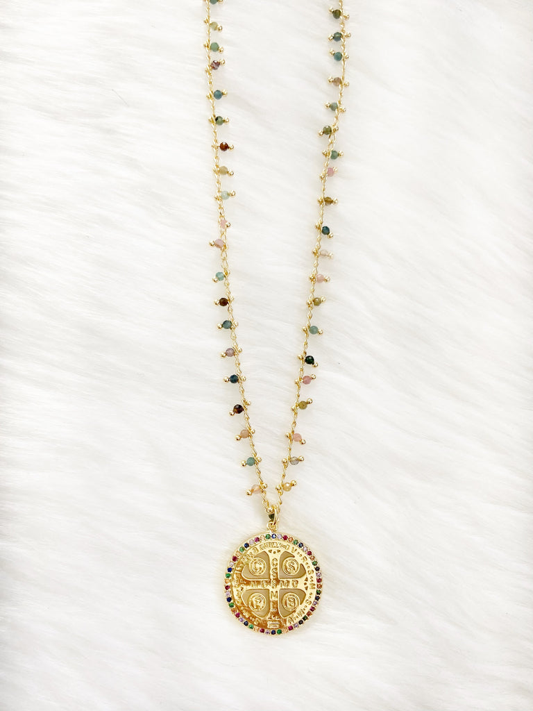 Beaded Flourite St. Benedict Charm Necklace