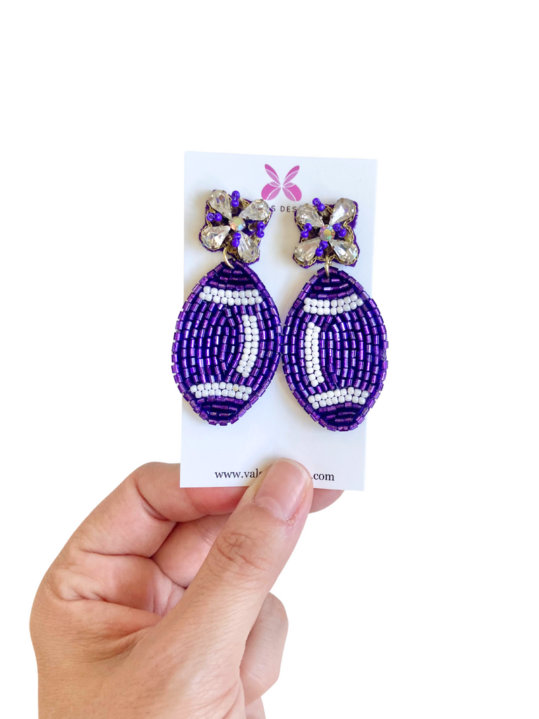 Purple Beaded Football Earring