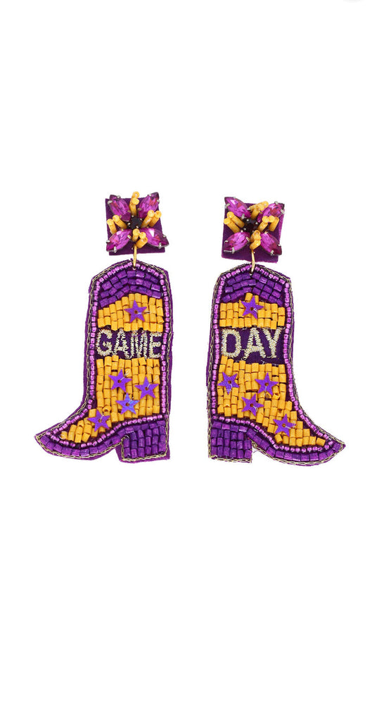 Purple & Gold Game Day Cowgirl Boot Earrings