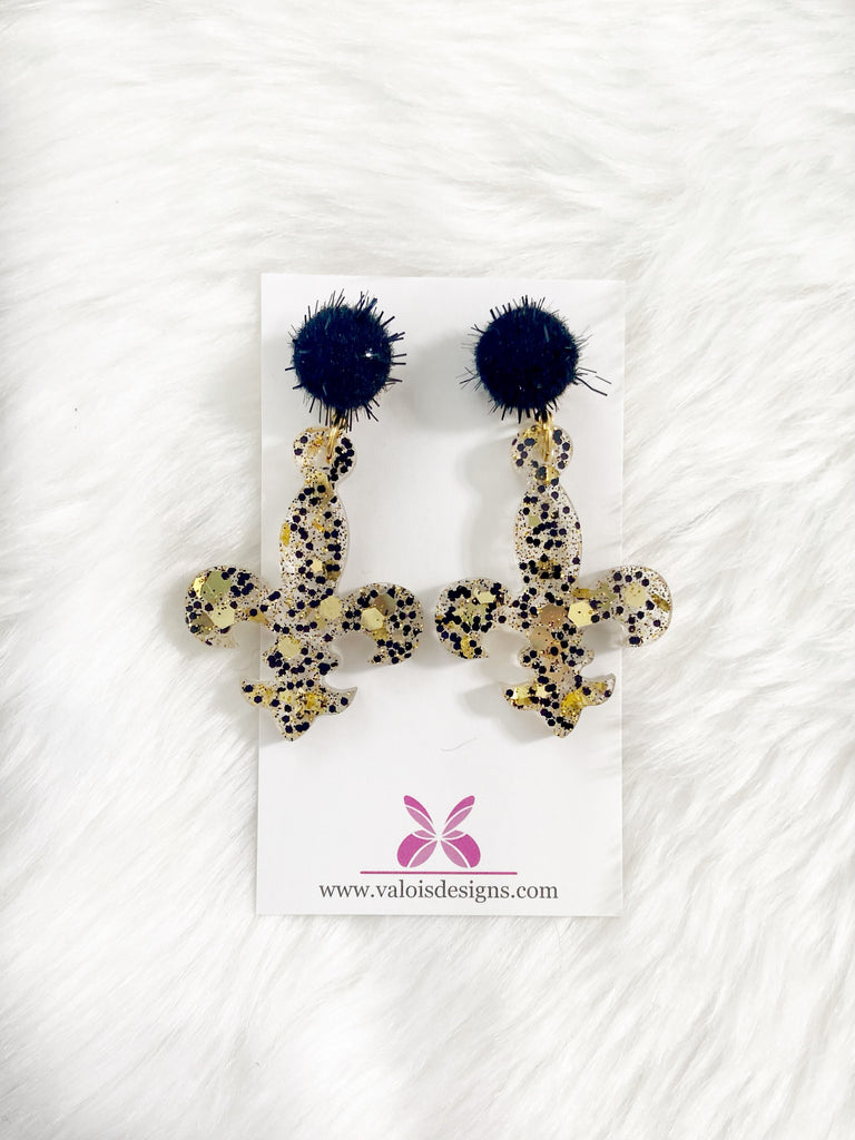 Black & Gold Confetti Fleur De Lis Earring