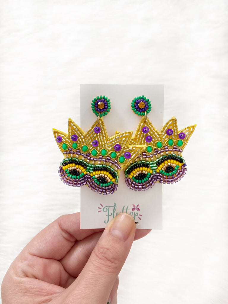 Gold Mardi Gras Mask Beaded Earrings
