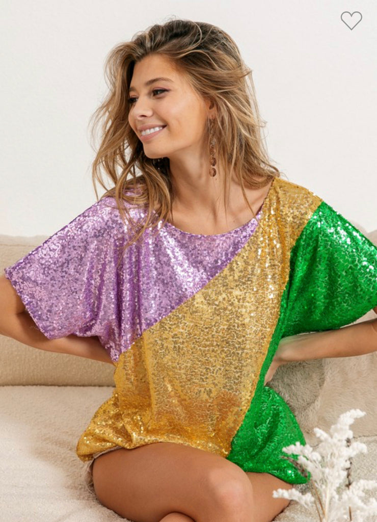 Mardi Gras Color-block Sequin Top