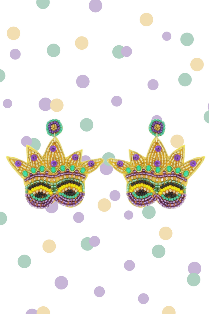 Gold Mardi Gras Mask Beaded Earrings