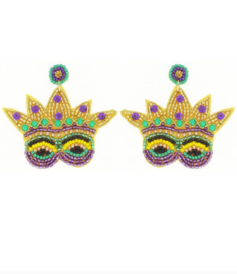 Gold Mardi Gras Mask Beaded Earrings
