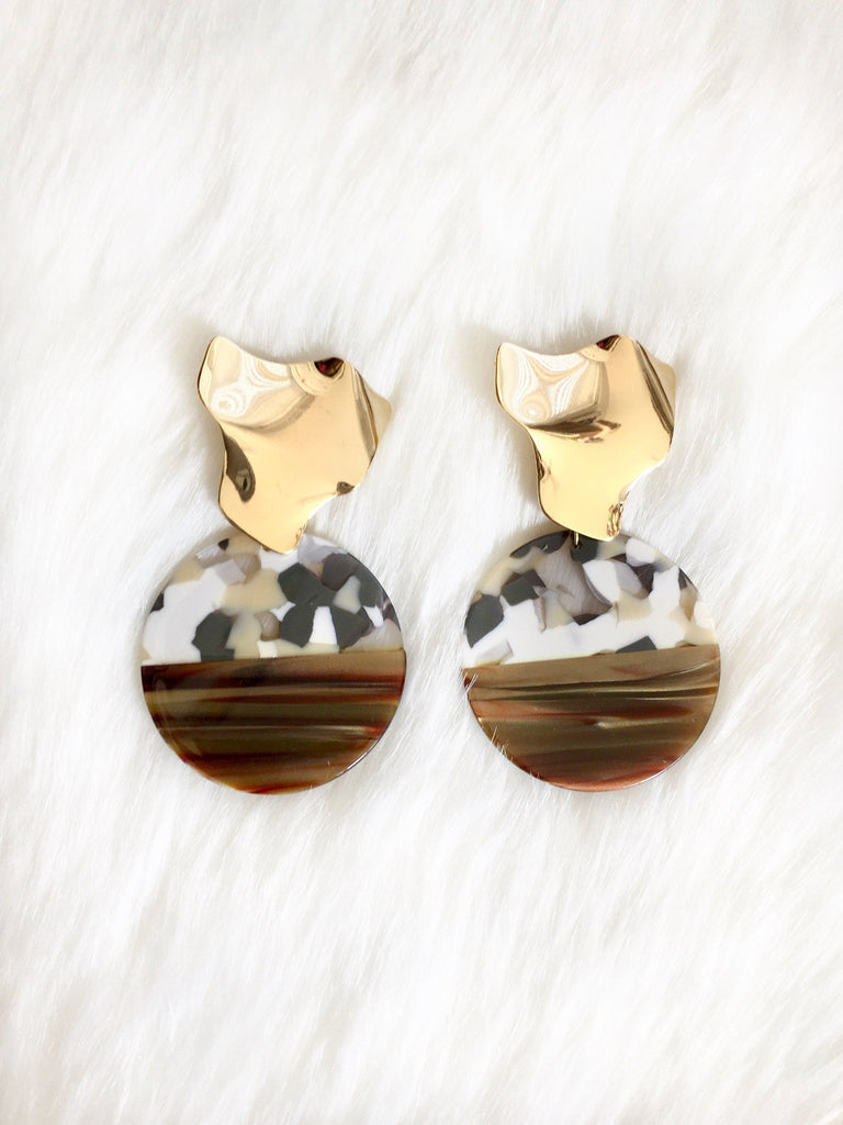 Gold Stud with Brown Resin Earrings