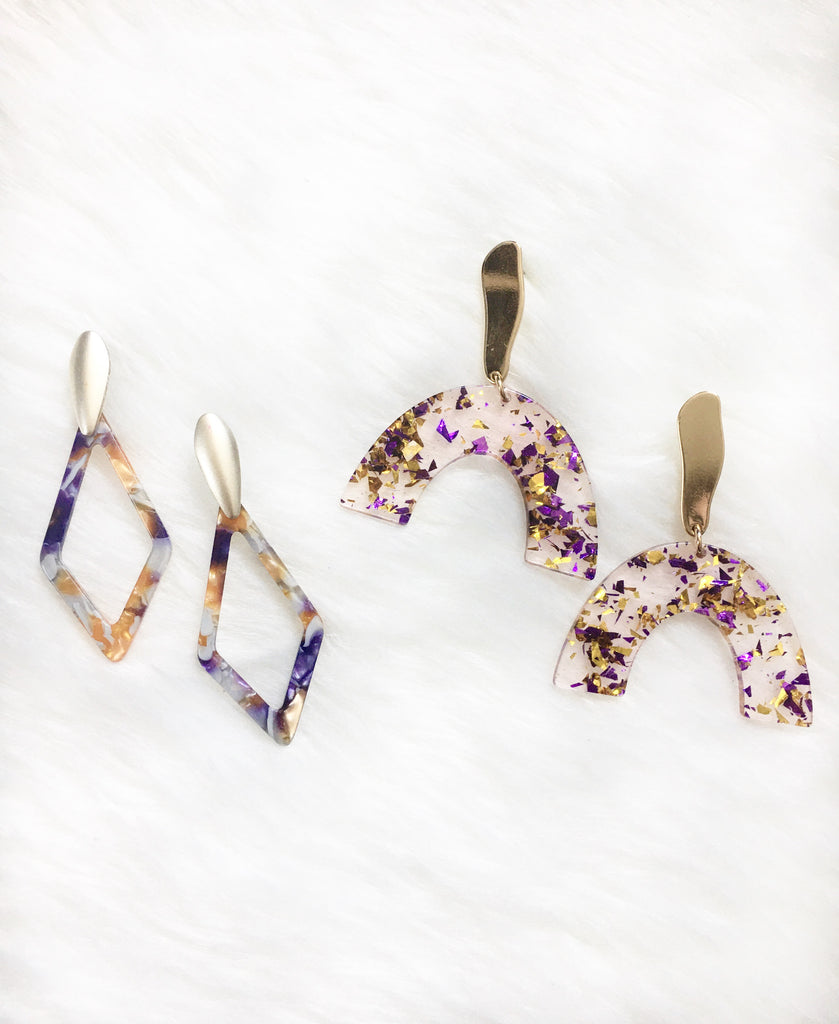 Purple & Gold Diamond Resin Earrings