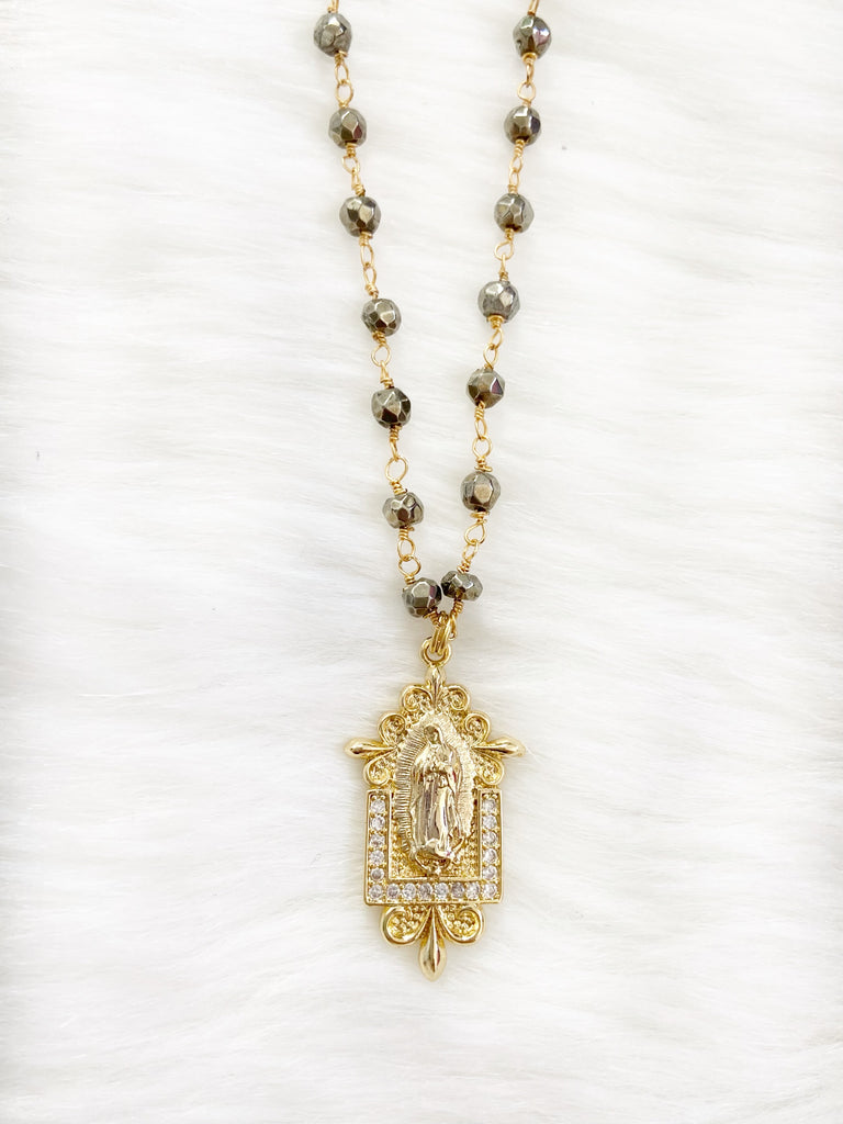 Beaded Pyrite Blessed Mother Charm Necklace