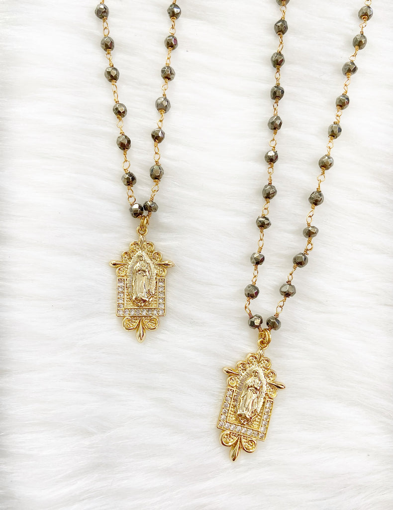 Beaded Pyrite Blessed Mother Charm Necklace
