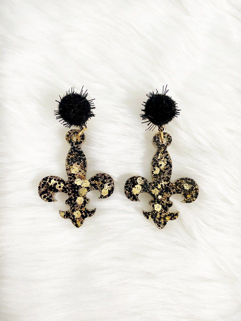 Black & Gold Confetti Fleur De Lis Earrings