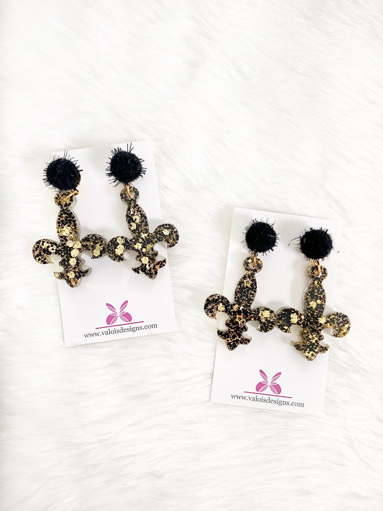 Black & Gold Confetti Fleur De Lis Earrings