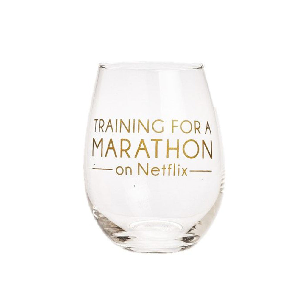 "Training for a Marathon on Netflix" Stemless Wine Glass