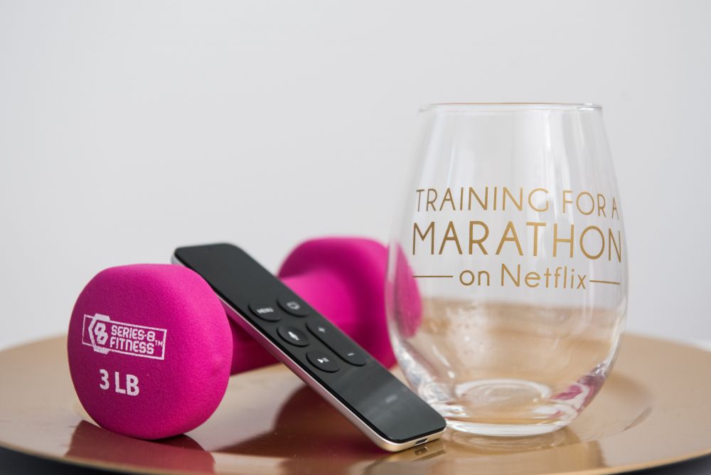 "Training for a Marathon on Netflix" Stemless Wine Glass