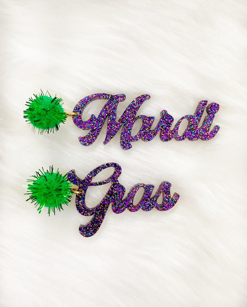 Mardi Gras Glittered Word Earrings