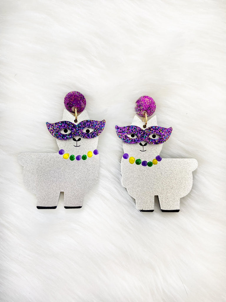 Resin Llama Mardi Gras Earrings